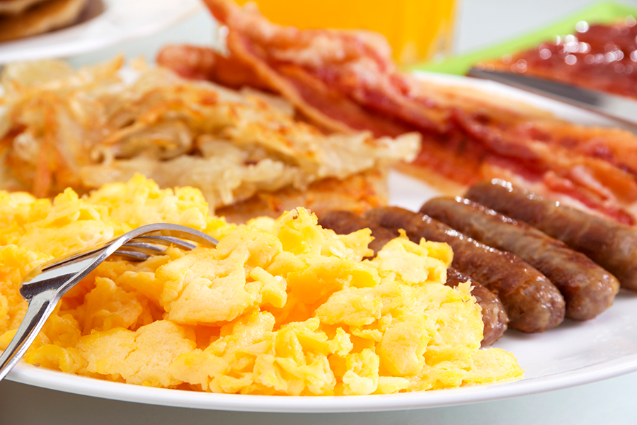 breakfast scrambled eggs bacon sausage