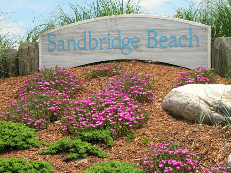 Sandbridge Beach sign in Virginia in a landscape of flowers.